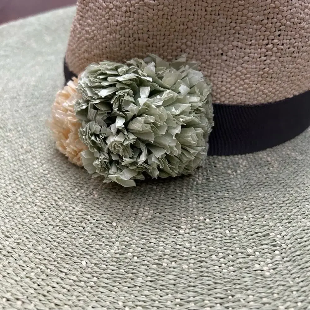 C.C 100% Paper Wide Brim TwoToned Hat, Raffia Flowers on Gray Band Cream & Green